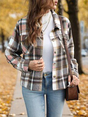 NEW Anygrew Women's Flannel Shacket Orange Brown Grid Plaid Small